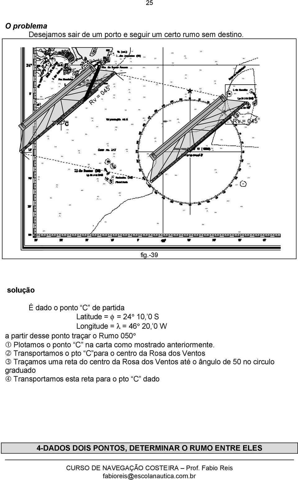 -3 solução É dado o ponto C de partida Latitude = φ = 10, 0 S Longitude = λ = 46 0, 0 W a partir desse ponto traçar o Rumo 00 1 lotamos o ponto C na carta