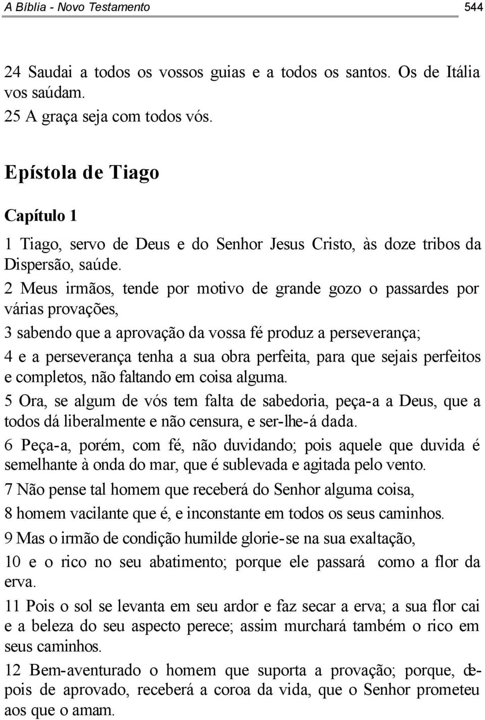 2 Meus irmãos, tende por motivo de grande gozo o passardes por várias provações, 3 sabendo que a aprovação da vossa fé produz a perseverança; 4 e a perseverança tenha a sua obra perfeita, para que