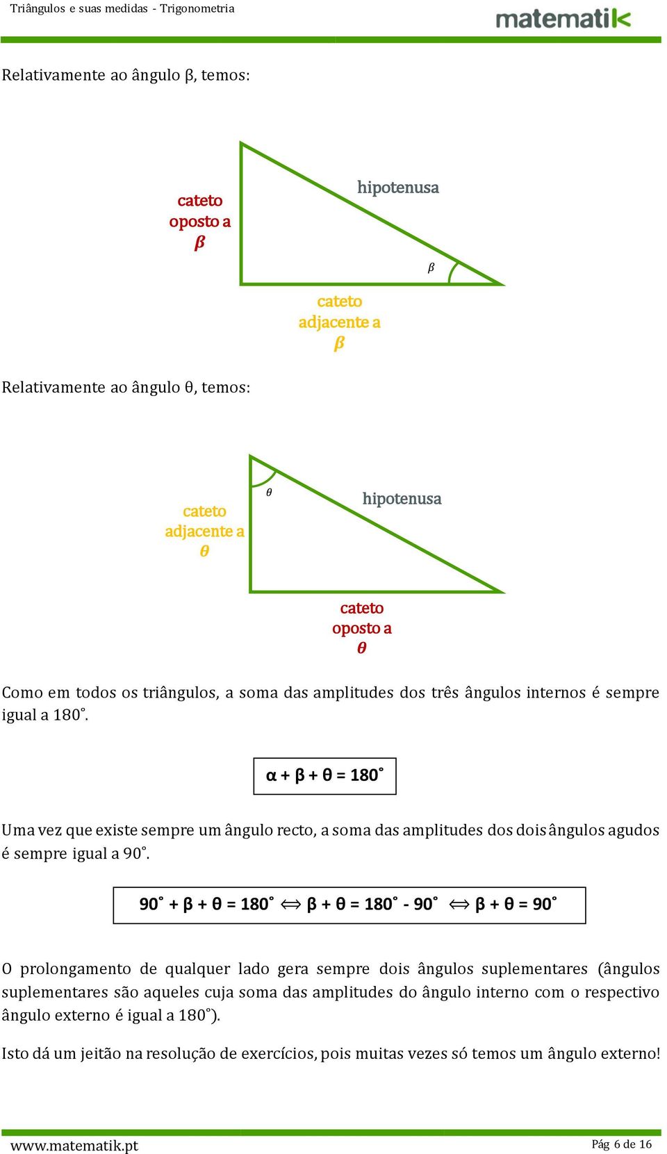 90 + β + θ = 180 β + θ = 180-90 β + θ = 90 O prolongamento de qualquer lado gera sempre dois ângulos suplementares (ângulos suplementares são aqueles cuja soma das amplitudes