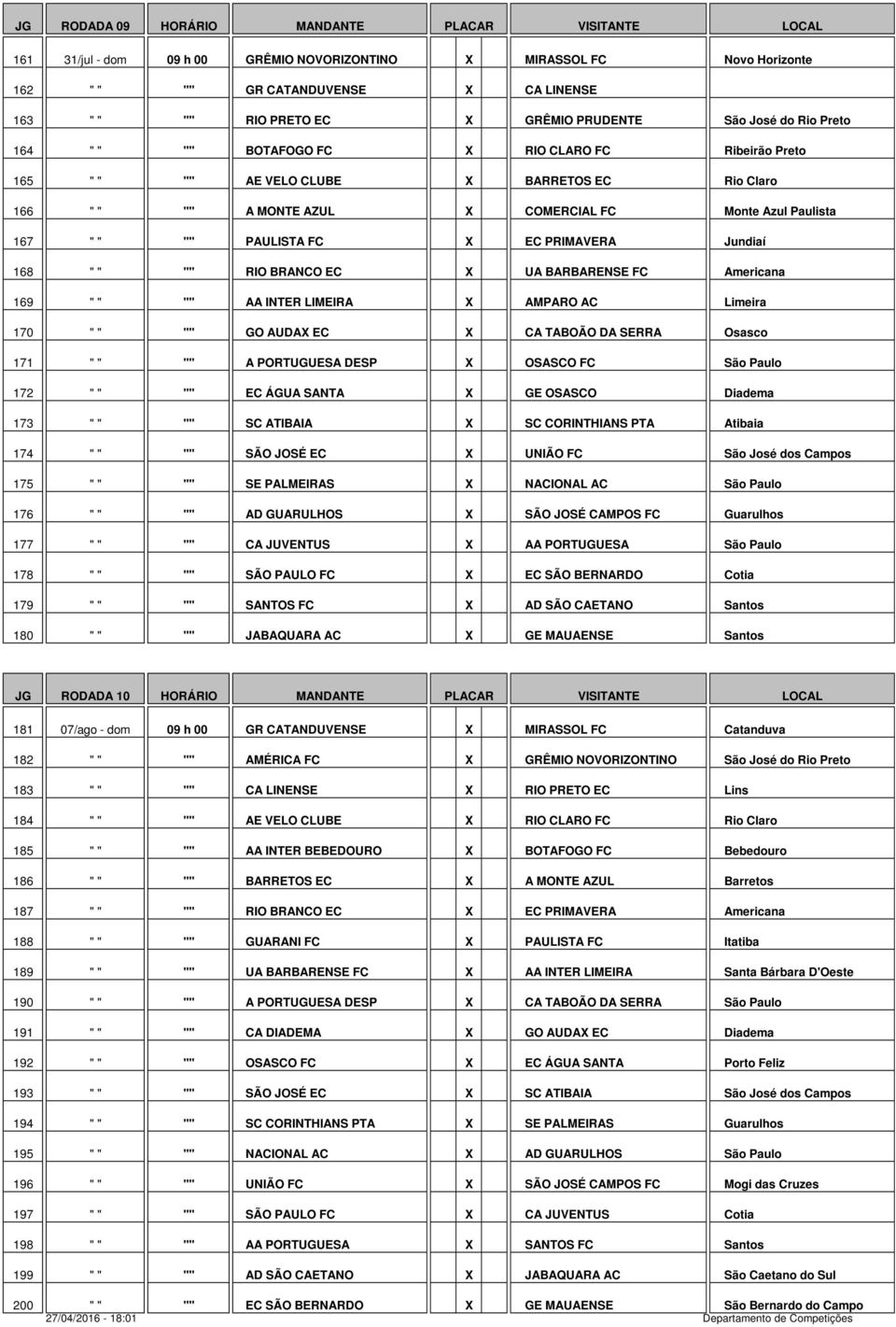 FC X EC PRIMAVERA Jundiaí 168 " " "" RIO BRANCO EC X UA BARBARENSE FC Americana 169 " " "" AA INTER LIMEIRA X AMPARO AC Limeira 170 " " "" GO AUDAX EC X CA TABOÃO DA SERRA Osasco 171 " " "" A