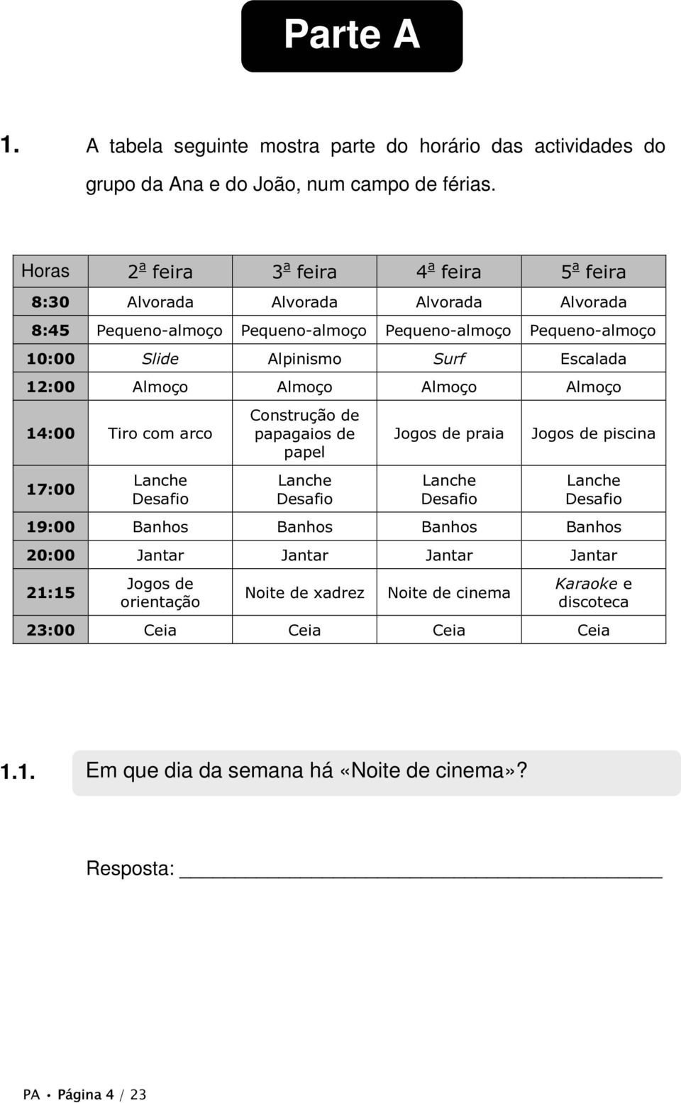 Escalada 12:00 Almoço Almoço Almoço Almoço 14:00 Tiro com arco Construção de papagaios de papel Jogos de praia Jogos de piscina 17:00 Lanche Desafio Lanche Desafio Lanche Desafio