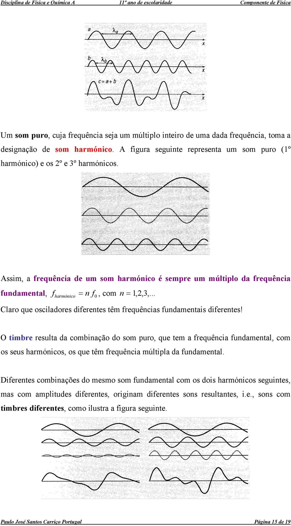 O timbre resulta da combinação do som puro, que tem a frequência fundamental, com os seus harmónicos, os que têm frequência múltipla da fundamental.