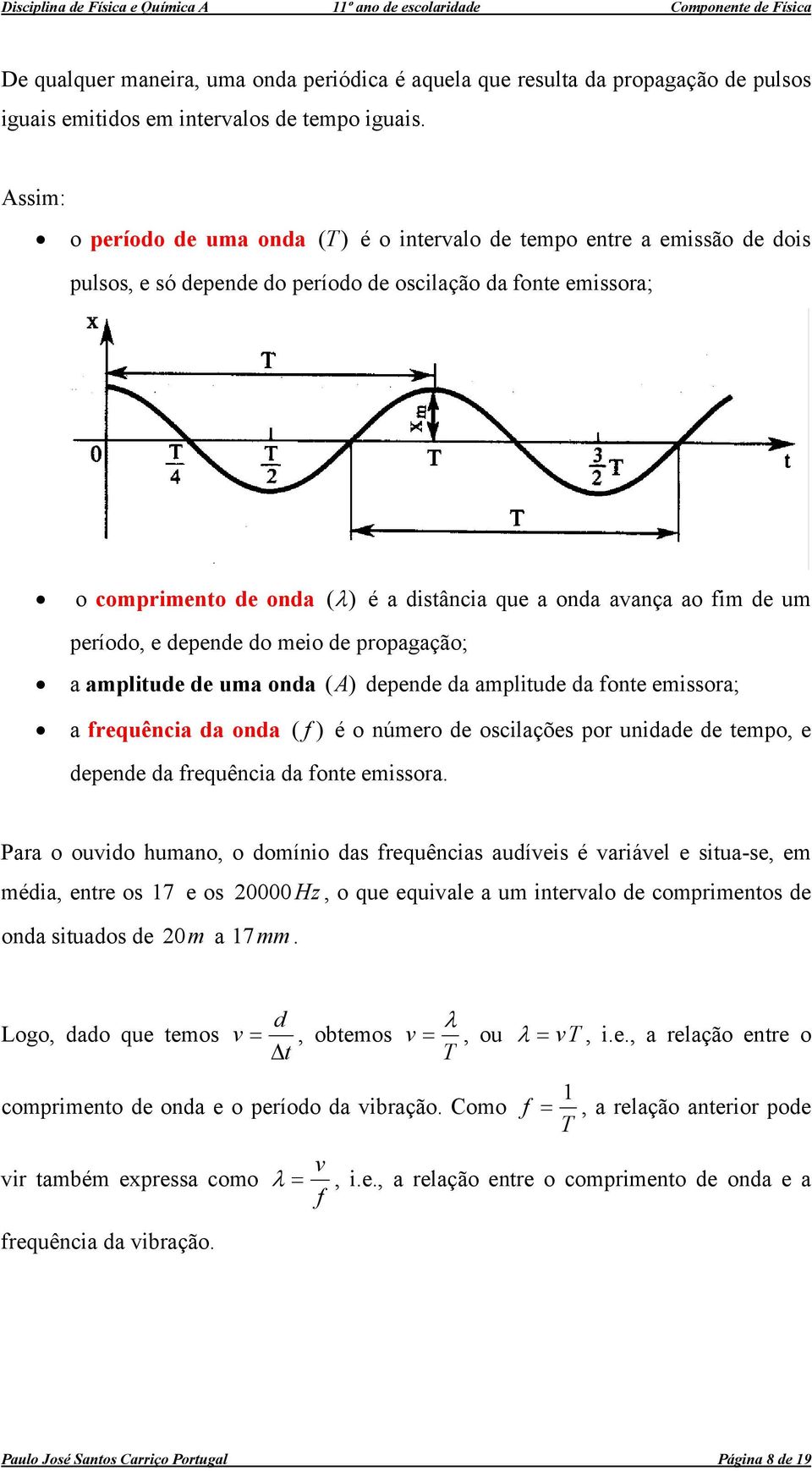 avança ao fim de um período, e depende do meio de propagação; a amplitude de uma onda (A) depende da amplitude da fonte emissora; a frequência da onda ( f ) é o número de oscilações por unidade de