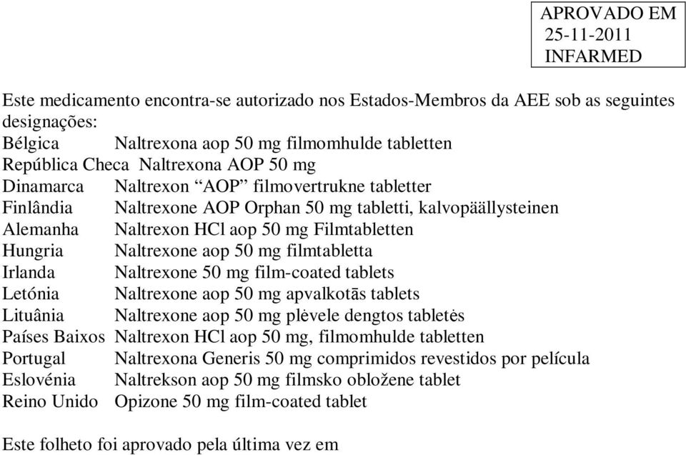 Irlanda Naltrexone 50 mg film-coated tablets Letónia Naltrexone aop 50 mg apvalkotās tablets Lituânia Naltrexone aop 50 mg plėvele dengtos tabletės Países Baixos Naltrexon HCl aop 50 mg, filmomhulde