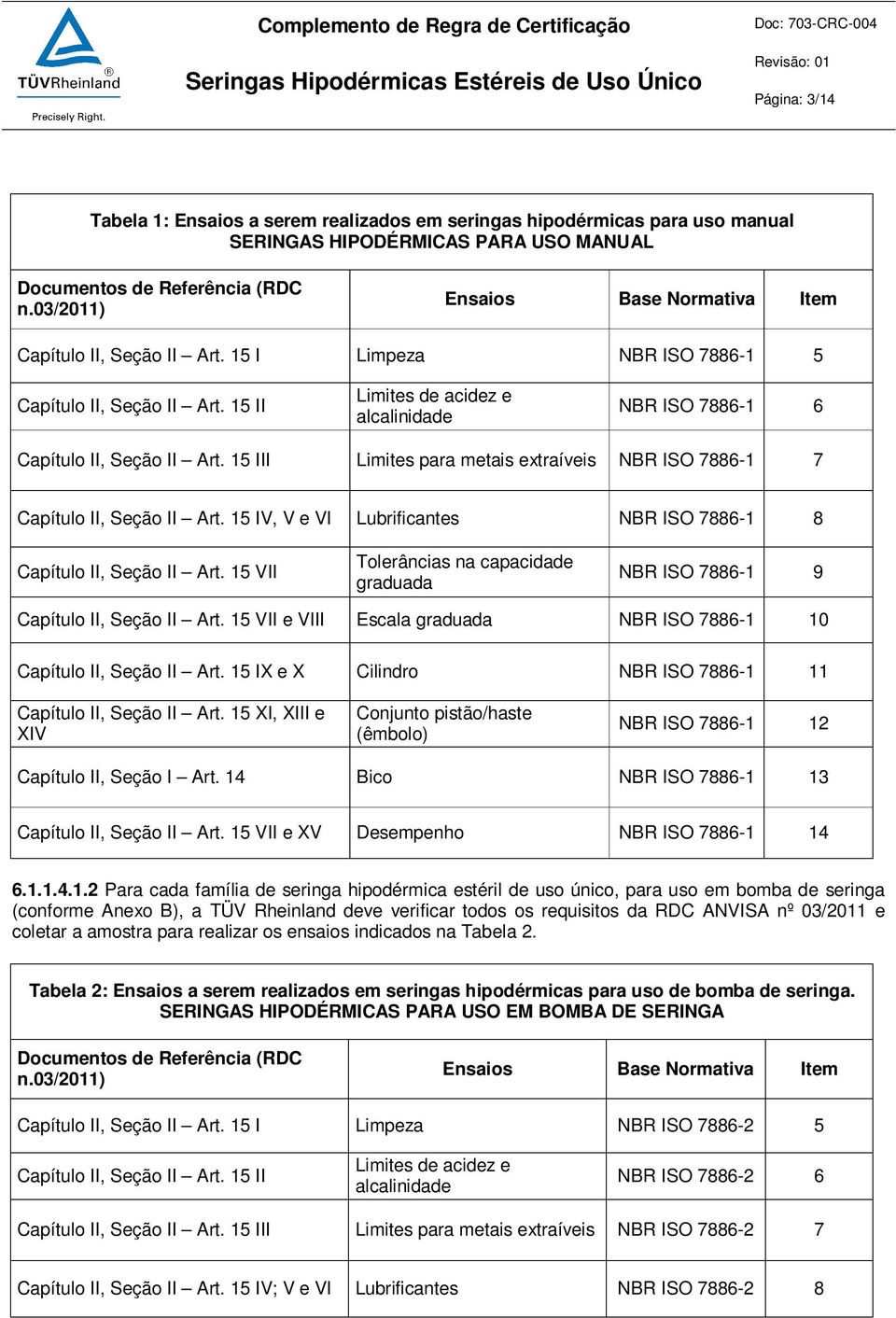 15 II Limites de acidez e alcalinidade NBR ISO 7886-1 6 Capítulo II, Seção II Art. 15 III Limites para metais extraíveis NBR ISO 7886-1 7 Capítulo II, Seção II Art.