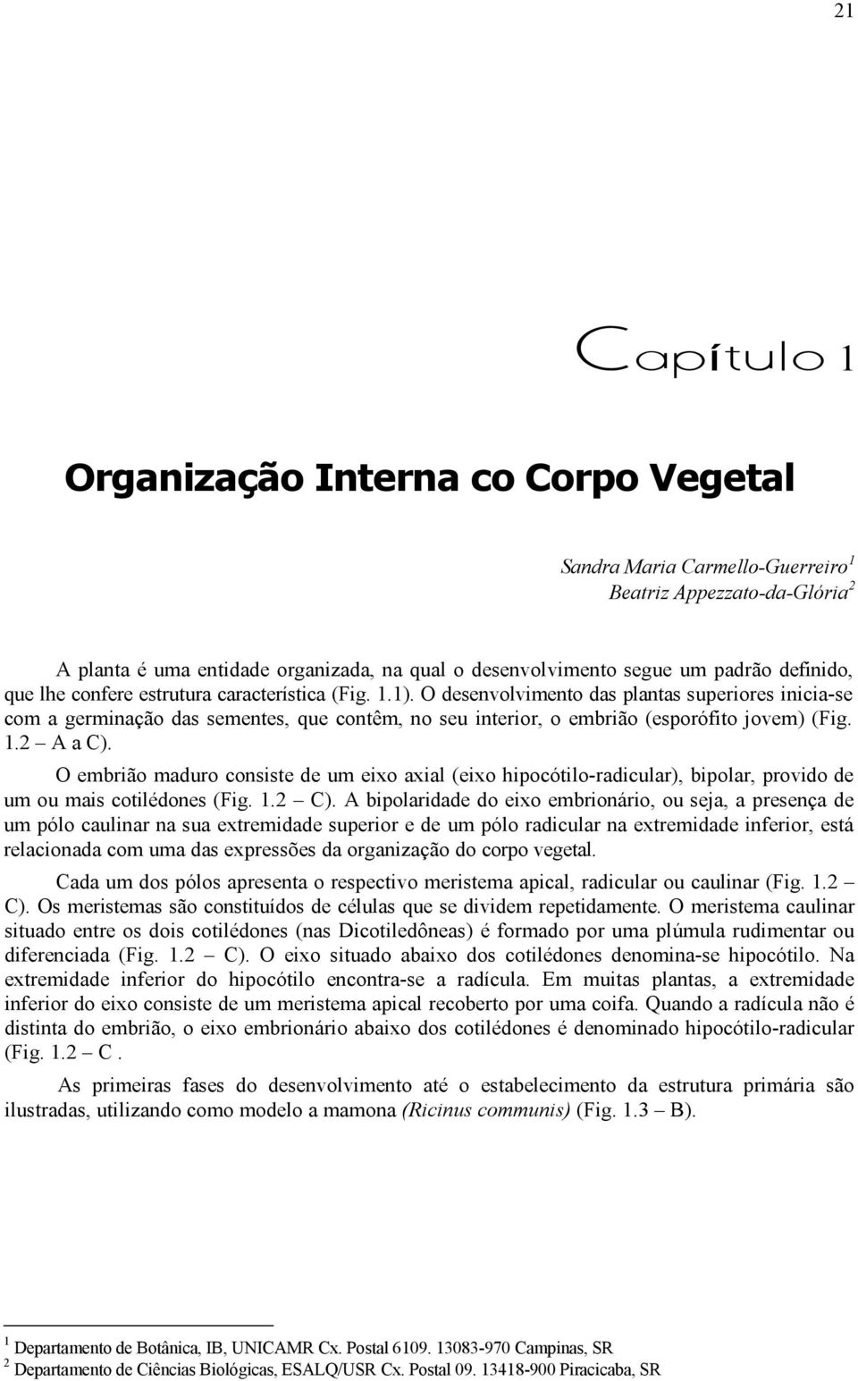 O desenvolvimento das plantas superiores inicia-se com a germinação das sementes, que contêm, no seu interior, o embrião (esporófito jovem) (Fig. 1.2 A a C).