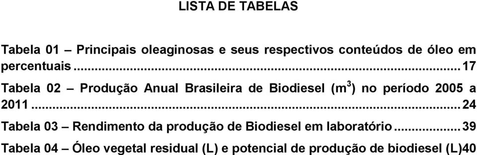 .. 17 Tabela 02 Produção Anual Brasileira de Biodiesel (m 3 ) no período 2005 a 2011.
