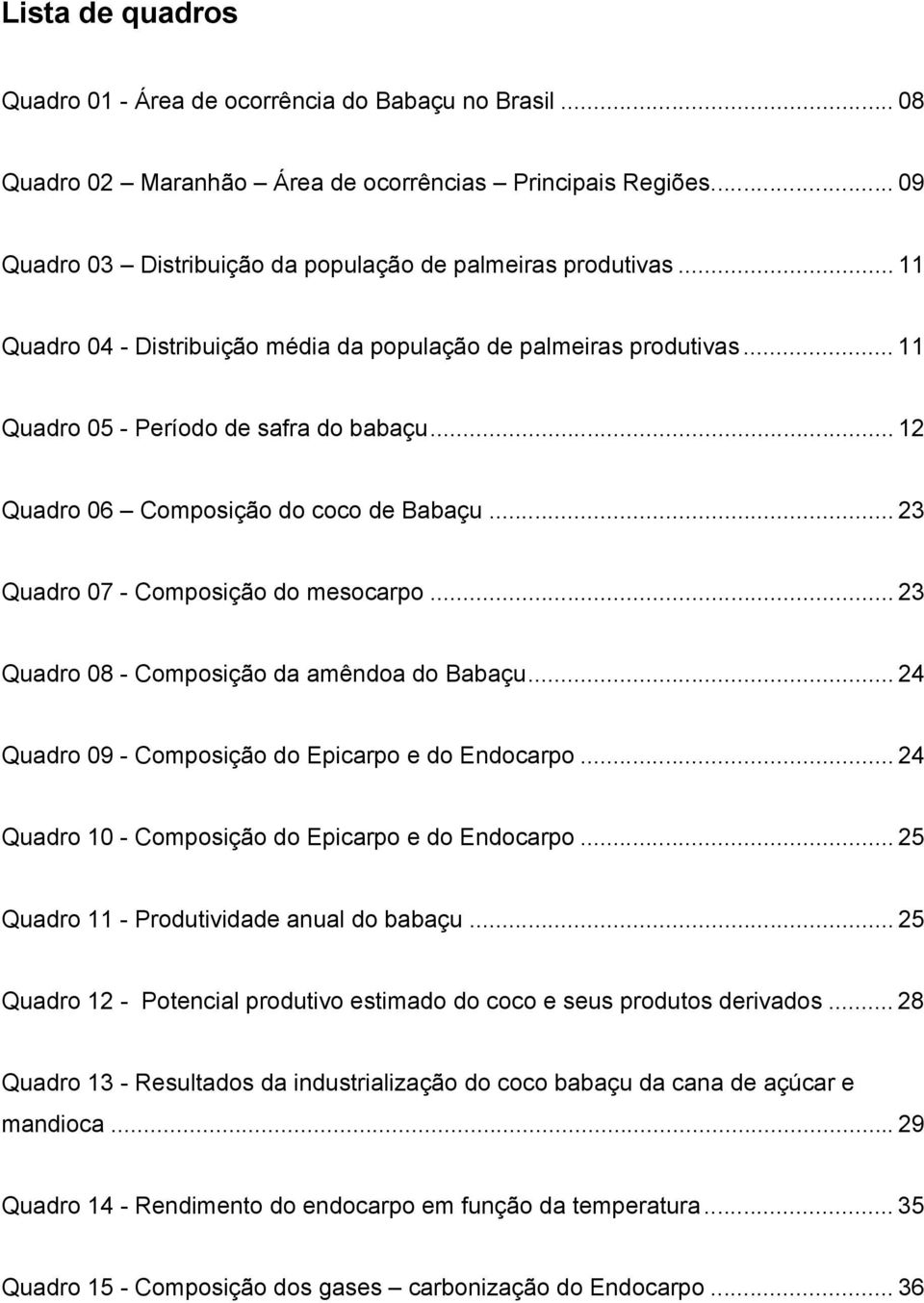 .. 23 Quadro 07 - Composição do mesocarpo... 23 Quadro 08 - Composição da amêndoa do Babaçu... 24 Quadro 09 - Composição do Epicarpo e do Endocarpo.