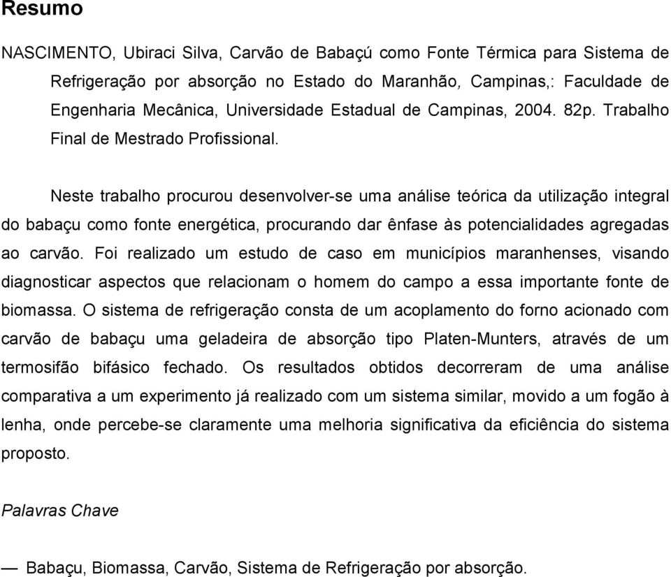 Neste trabalho procurou desenvolver-se uma análise teórica da utilização integral do babaçu como fonte energética, procurando dar ênfase às potencialidades agregadas ao carvão.