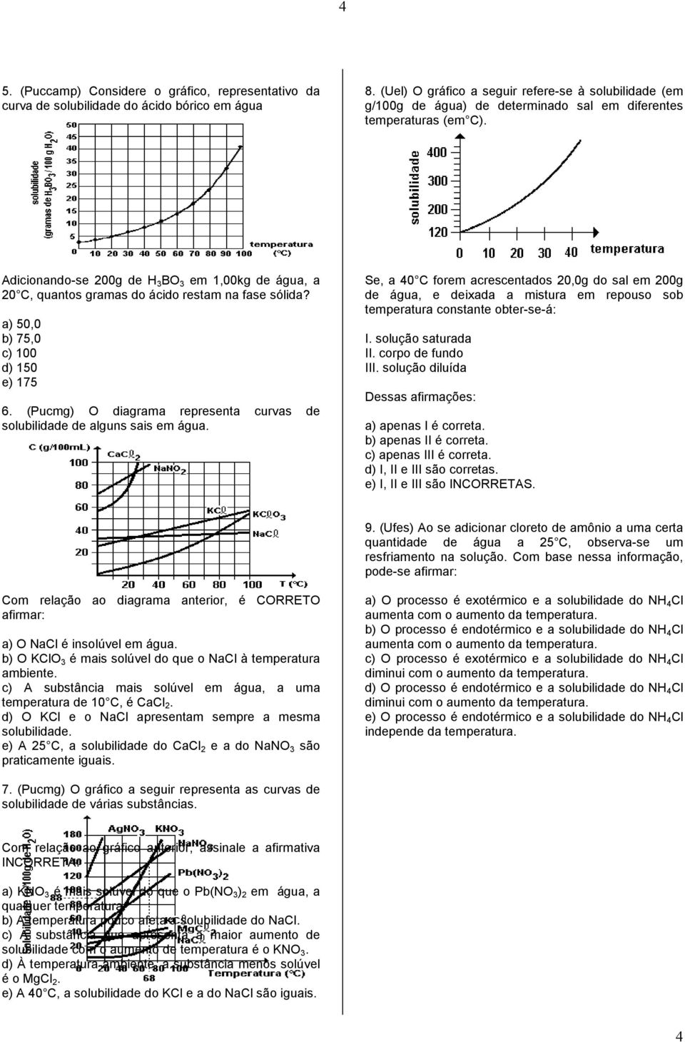 Adicionando-se 200g de H 3 BO 3 em 1,00kg de água, a 20 C, quantos gramas do ácido restam na fase sólida? a) 50,0 b) 75,0 c) 100 d) 150 e) 175 6.