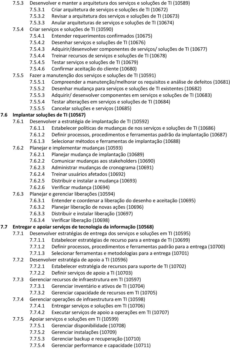 5.4.3 Adquirir/desenvolver componentes de serviços/ soluções de TI (10677) 7.5.4.4 Treinar recursos de serviços e soluções de TI (10678) 7.5.4.5 Testar serviços e soluções de TI (10679) 7.5.4.6 Confirmar aceitação do cliente (10680) 7.