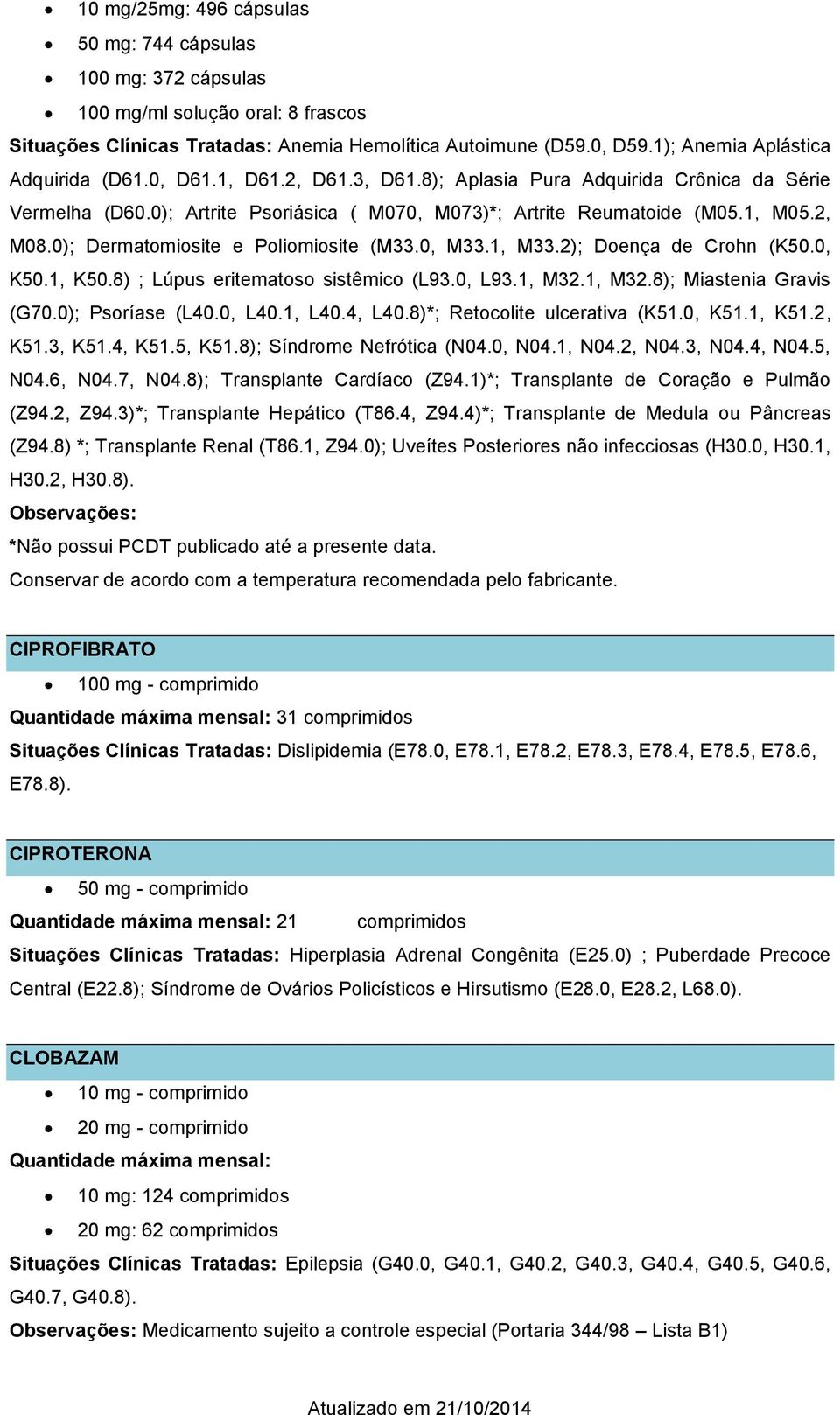 0); Dermatomiosite e Poliomiosite (M33.0, M33.1, M33.2); Doença de Crohn (K50.0, K50.1, K50.8) ; Lúpus eritematoso sistêmico (L93.0, L93.1, M32.1, M32.8); Miastenia Gravis (G70.0); Psoríase (L40.