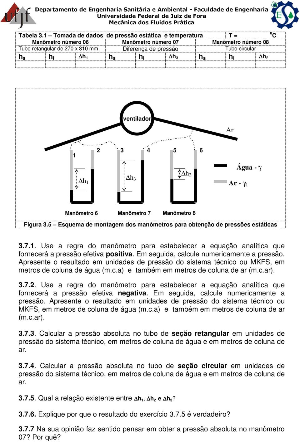 ventilador Ar 2 3 4 5 6 3 2 Água - γ Ar - γ Manômetro 6 Manômetro 7 Manômetro 8 Figura 3.5 Esquema de montagem dos manômetros para obtenção de pressões estáticas 3.7.. Use a regra do manômetro para estabelecer a equação analítica que fornecerá a pressão efetiva positiva.