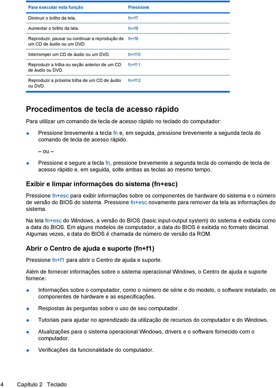 Pressione fn+f7 fn+f8 fn+f9 fn+f10 fn+f11 fn+f12 Procedimentos de tecla de acesso rápido Para utilizar um comando de tecla de acesso rápido no teclado do computador: Pressione brevemente a tecla fn