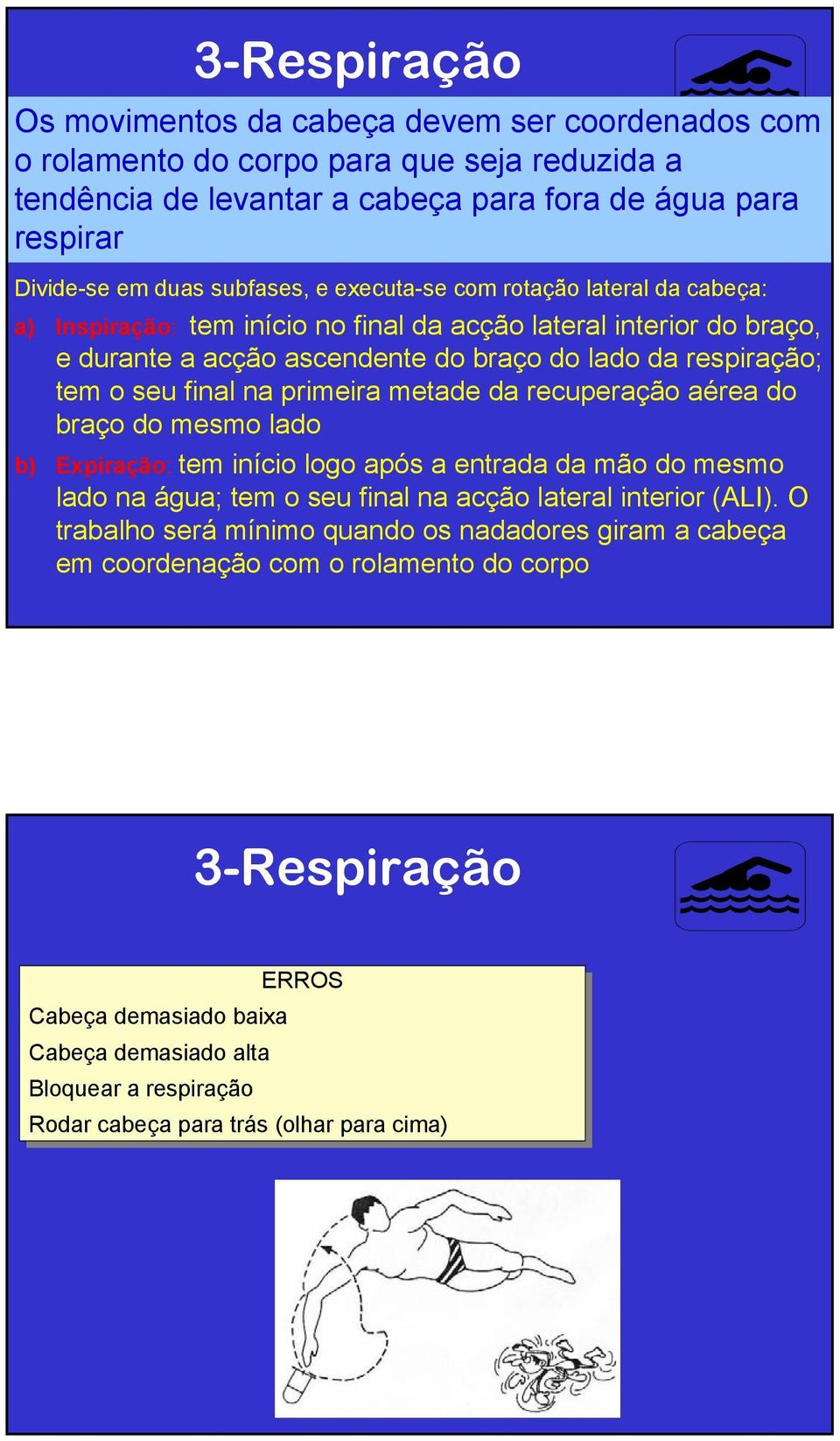 primeira metade da recuperação aérea do braço do mesmo lado b) Expiração: tem início logo após a entrada da mão do mesmo lado na água; tem o seu final na acção lateral interior (ALI).