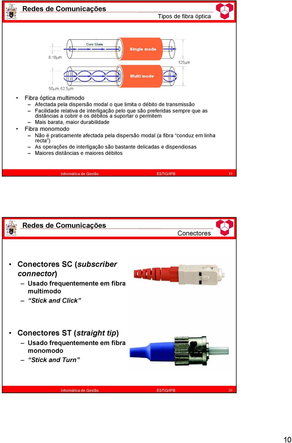 dispersão modal (a fibra conduz em linha recta ) As operações de interligação são bastante delicadas e dispendiosas Maiores distâncias e maiores débitos 19 Conectores