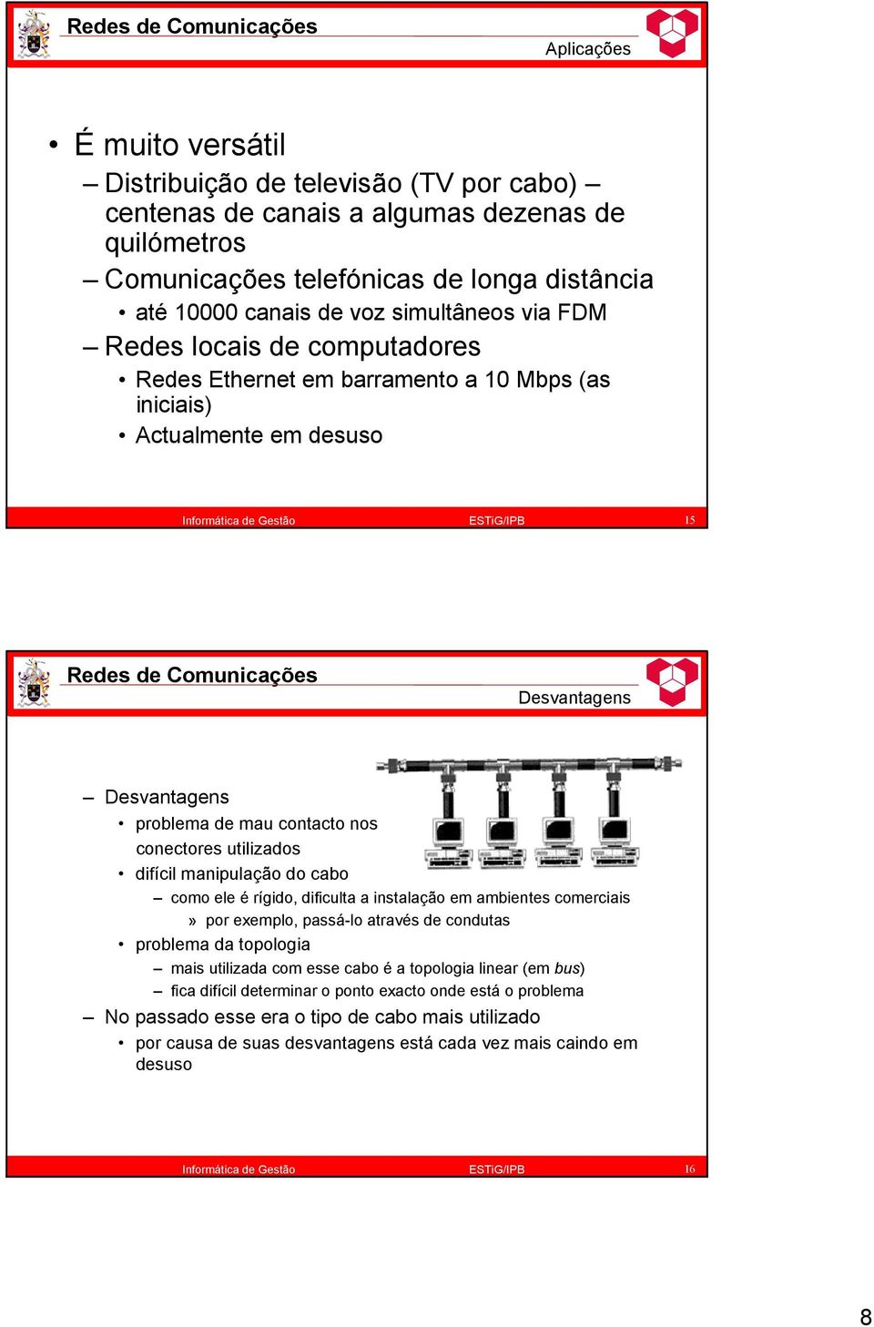 utilizados difícil manipulação do cabo como ele é rígido, dificulta a instalação em ambientes comerciais» por exemplo, passá-lo através de condutas problema da topologia mais utilizada com esse