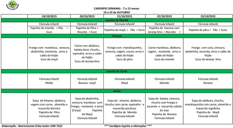 mandioquinha, cenoura, vagem, couve, arroz e de pêra Carne mandioca, abóbora, vagem, mostarda, arroz e de mamão Frango com cará, cenoura, abobrinha, escarola, arroz e caldo de feijão de laranja lima