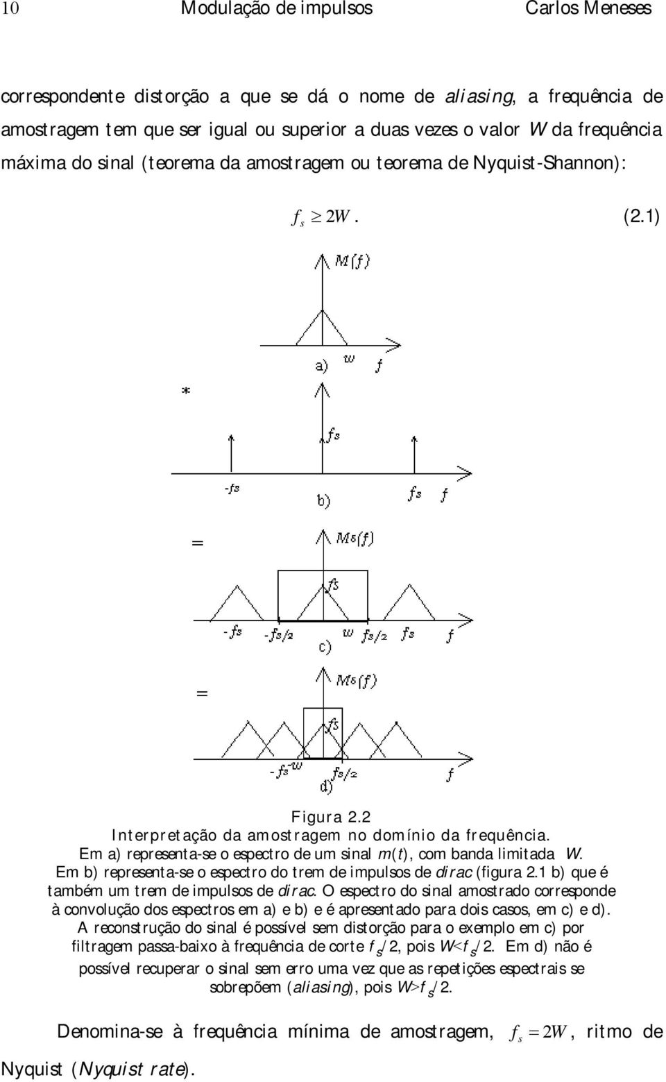 Em a) representa-se o espectro de um sinal m(t), com banda limitada W. Em b) representa-se o espectro do trem de impulsos de dirac (figura.1 b) que é também um trem de impulsos de dirac.