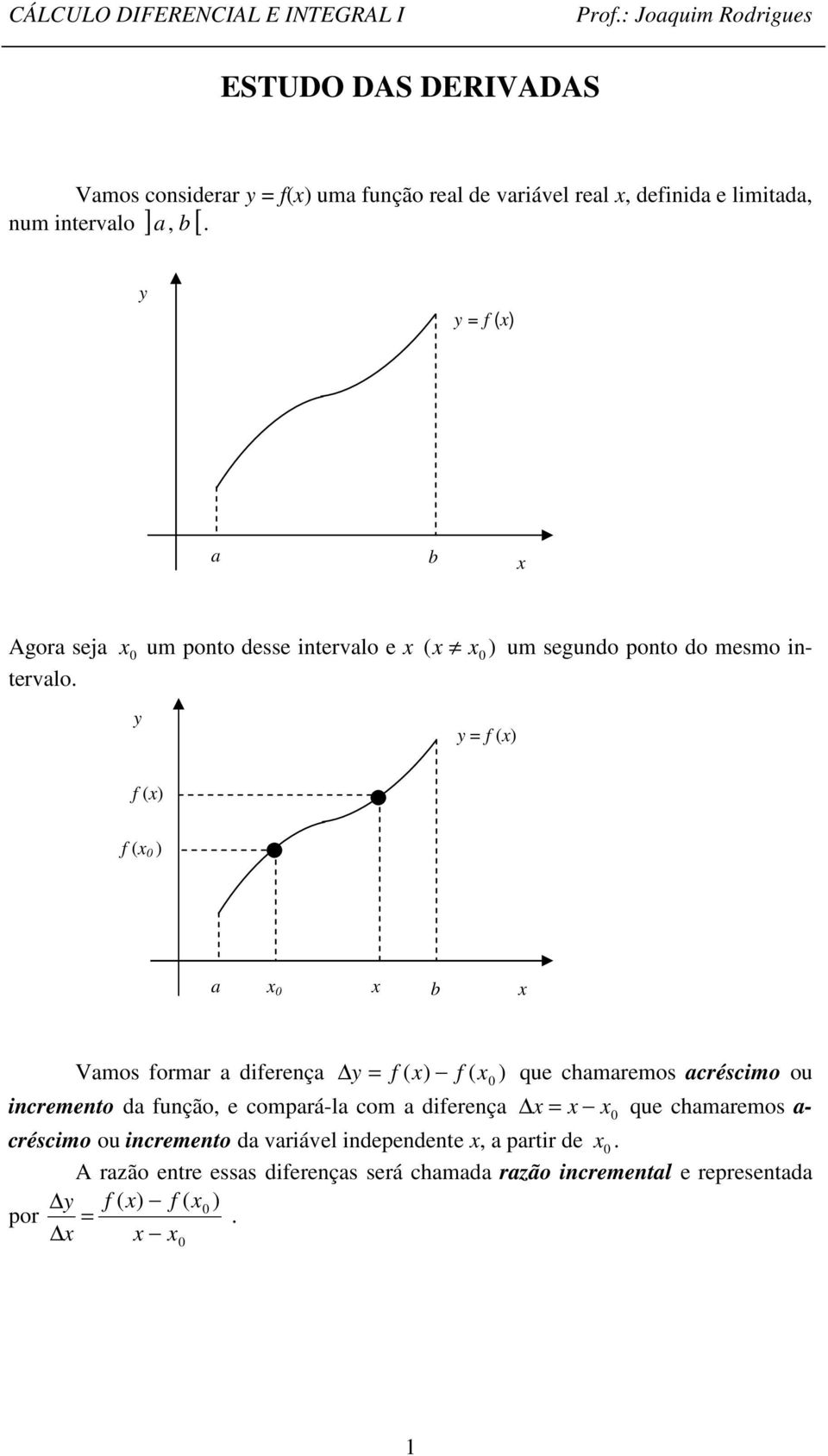 y y a b Vamos ormar a dierença y que chamaremos acréscimo ou incremento da unção, e compará-la com a dierença que