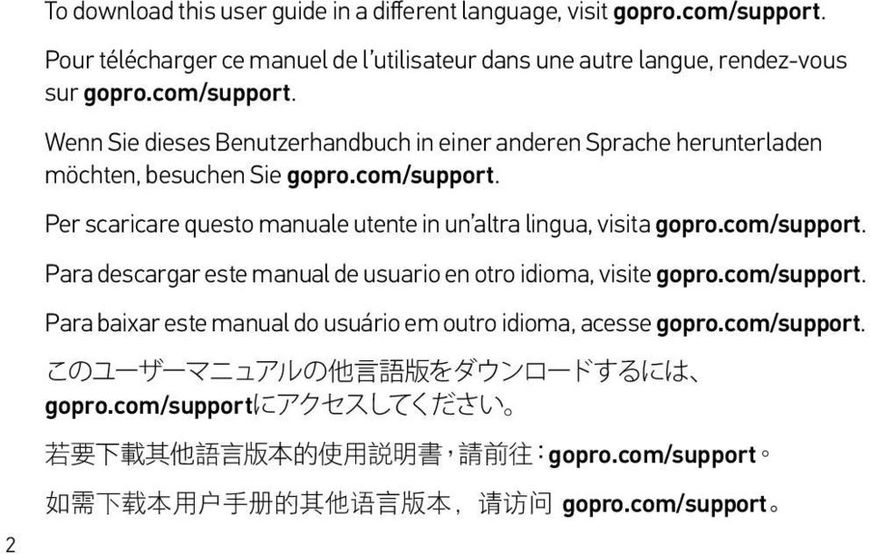 com/support. Para descargar este manual de usuario en otro idioma, visite gopro.com/support. Para baixar este manual do usuário em outro idioma, acesse gopro.com/support. このユーザーマニュアルの 他 言 語 版 をダウンロードするには gopro.