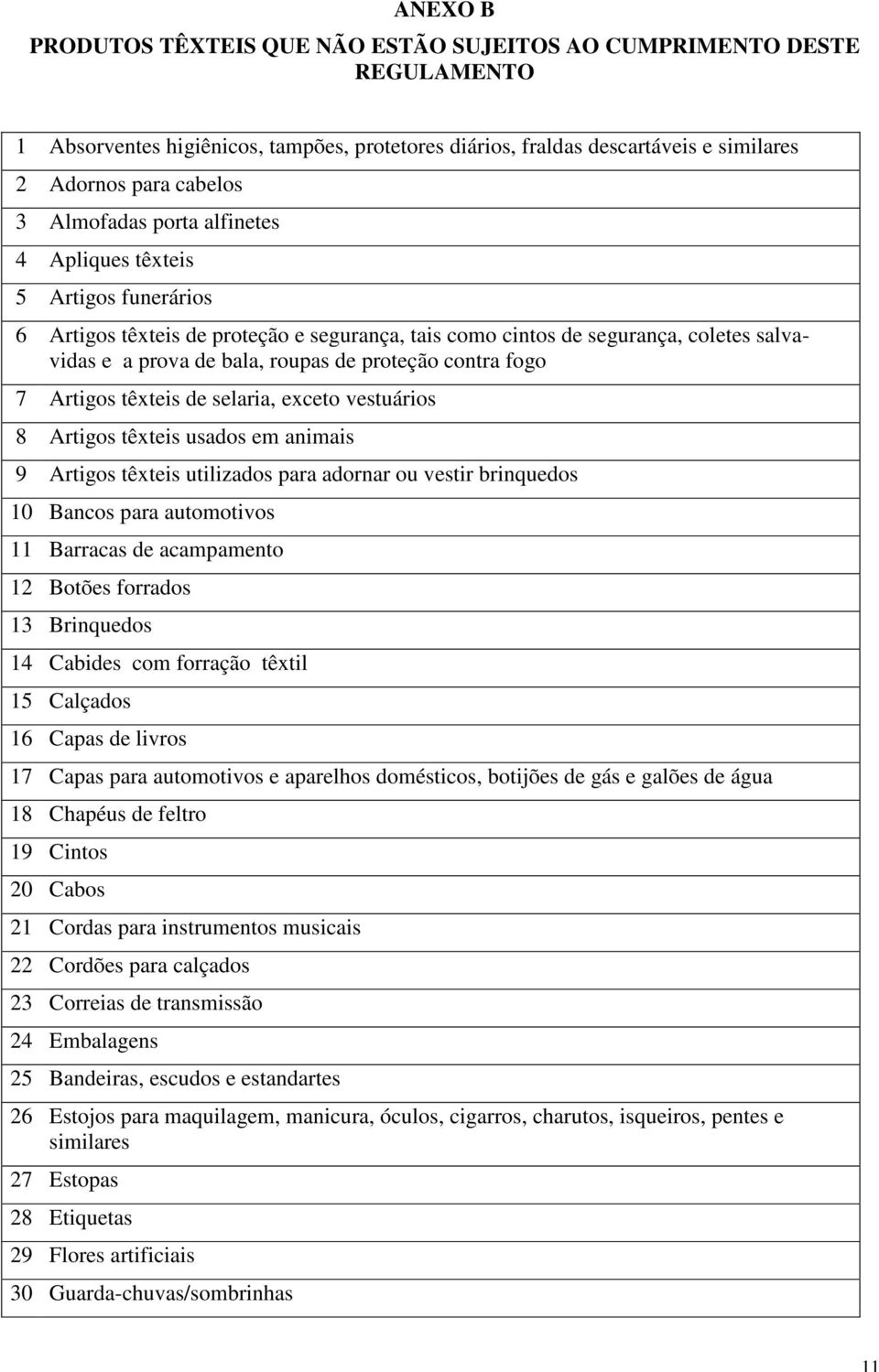 contra fogo 7 Artigos têxteis de selaria, exceto vestuários 8 Artigos têxteis usados em animais 9 Artigos têxteis utilizados para adornar ou vestir brinquedos 10 Bancos para automotivos 11 Barracas