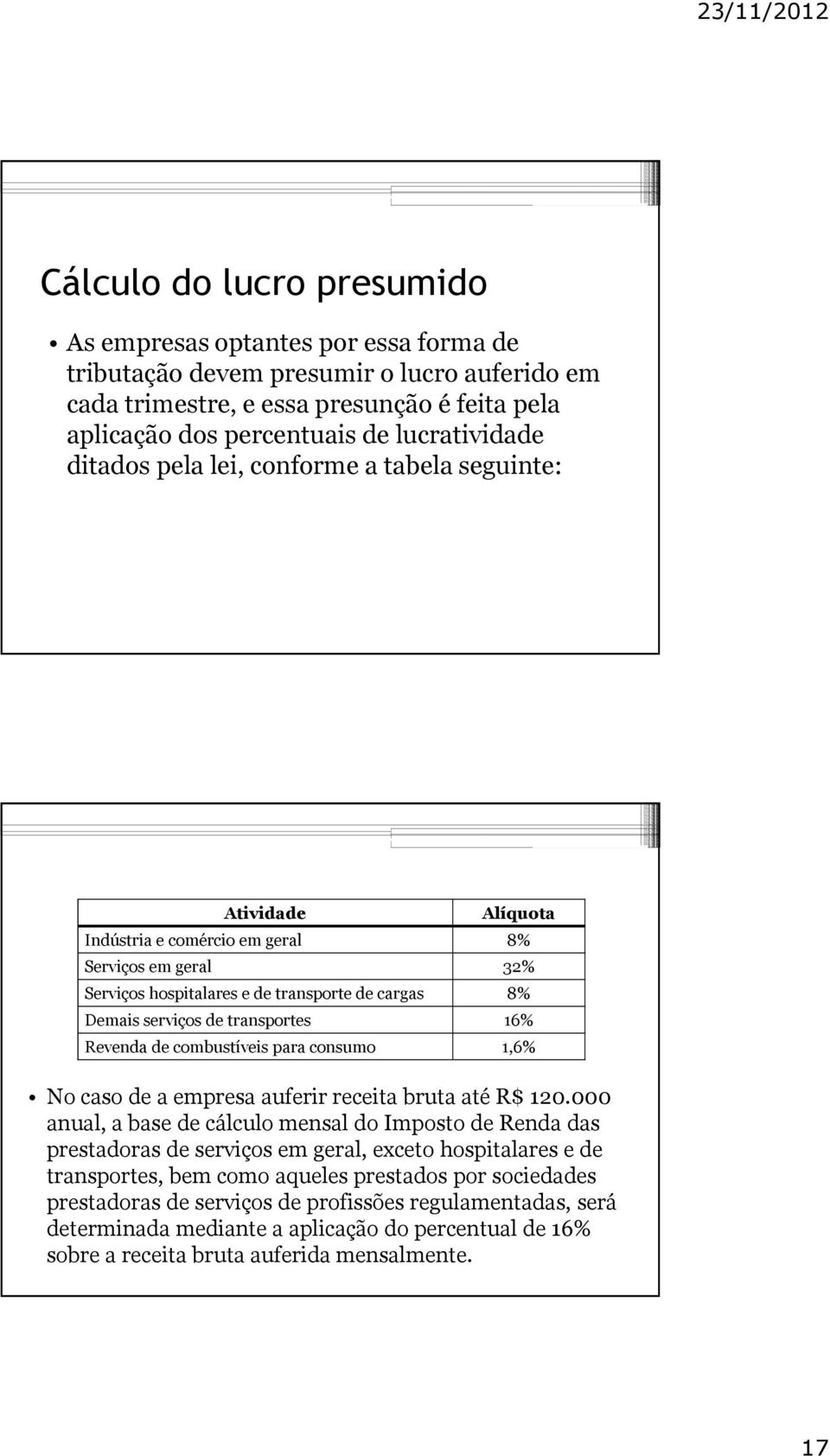 serviços de transportes 16% Revenda de combustíveis para consumo 1,6% No caso de a empresa auferir receita bruta até R$ 120.