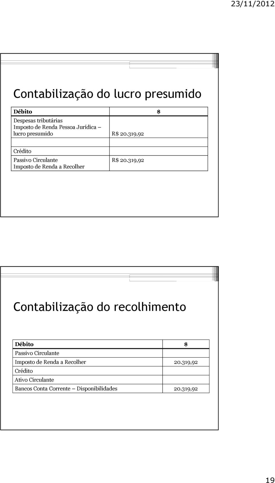 319,92 Crédito Passivo Circulante Imposto de Renda a Recolher R$ 20.