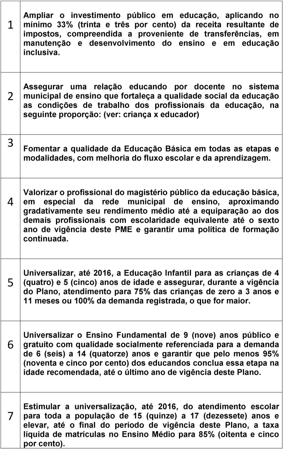 2 Assegurar uma relação educando por docente no sistema municipal de ensino que fortaleça a qualidade social da educação as condições de trabalho dos profissionais da educação, na seguinte proporção: