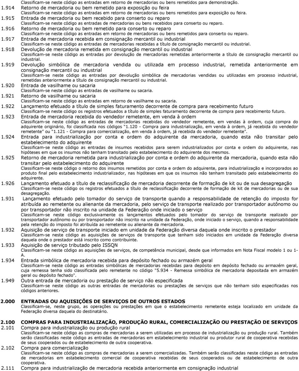 915 Entrada de mercadoria ou bem recebido para conserto ou reparo Classificam-se neste código as entradas de mercadorias ou bens recebidos para conserto ou reparo. 1.