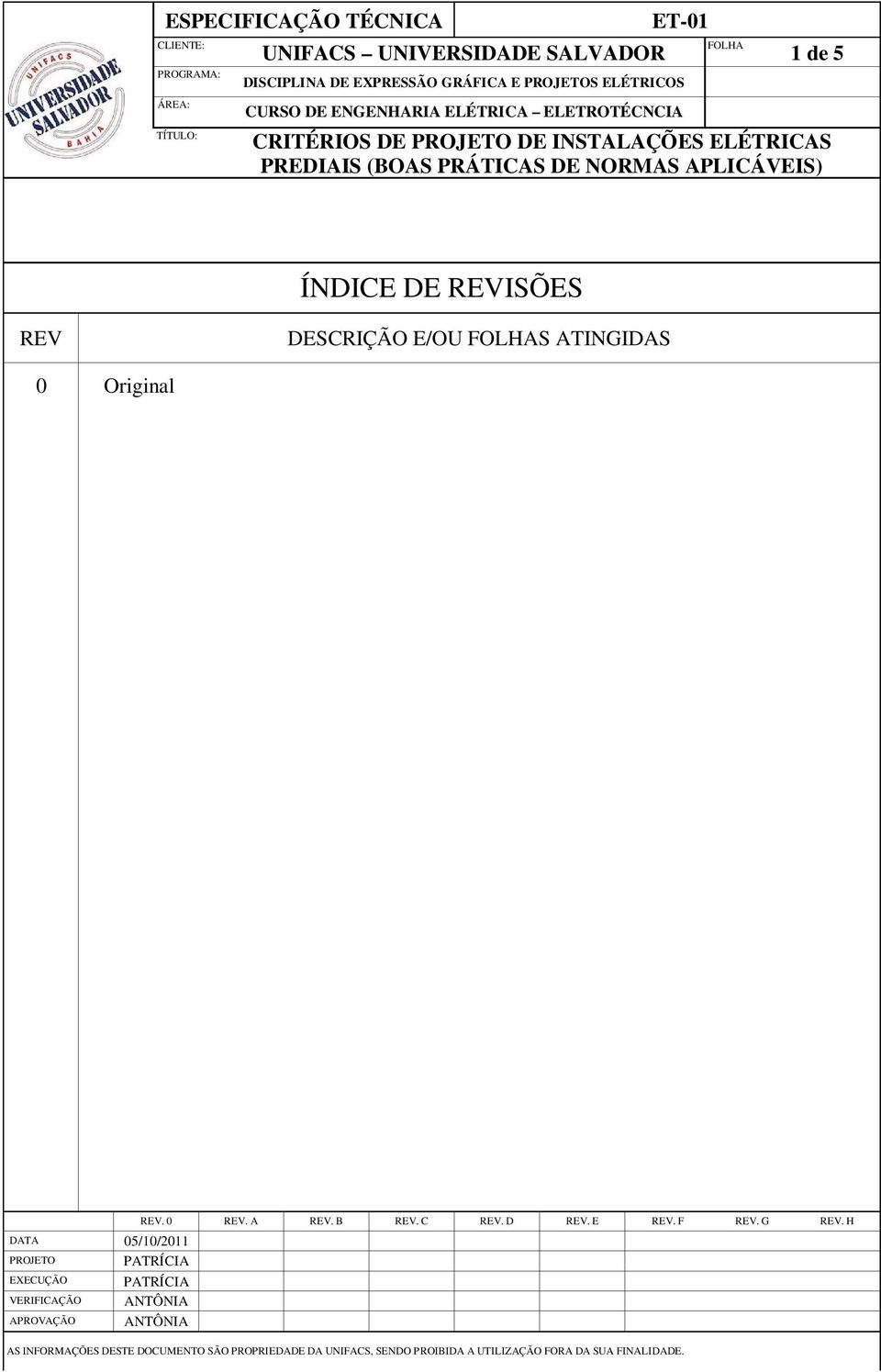 FOLHAS ATINGIDAS Original A B C D E F G H DATA 5/1/211 PROJETO PATRÍCIA EXECUÇÃO PATRÍCIA VERIFICAÇÃO ANTÔNIA