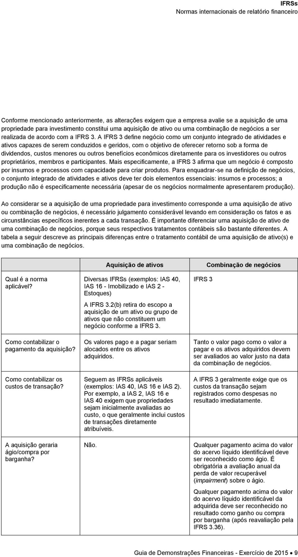 A IFRS 3 define negócio como um conjunto integrado de atividades e ativos capazes de serem conduzidos e geridos, com o objetivo de oferecer retorno sob a forma de dividendos, custos menores ou outros