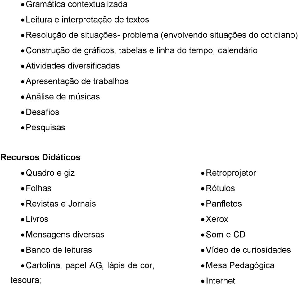 músicas Desafios Pesquisas Recursos Didáticos Quadro e giz Folhas Revistas e Jornais Livros Mensagens diversas Banco de leituras