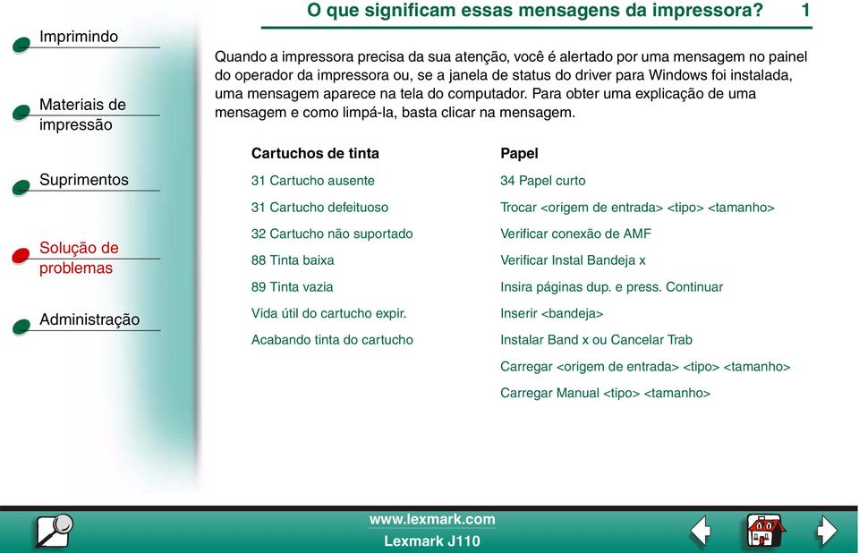 na tela do computador. Para obter uma explicação de uma mensagem e como limpá-la, basta clicar na mensagem.