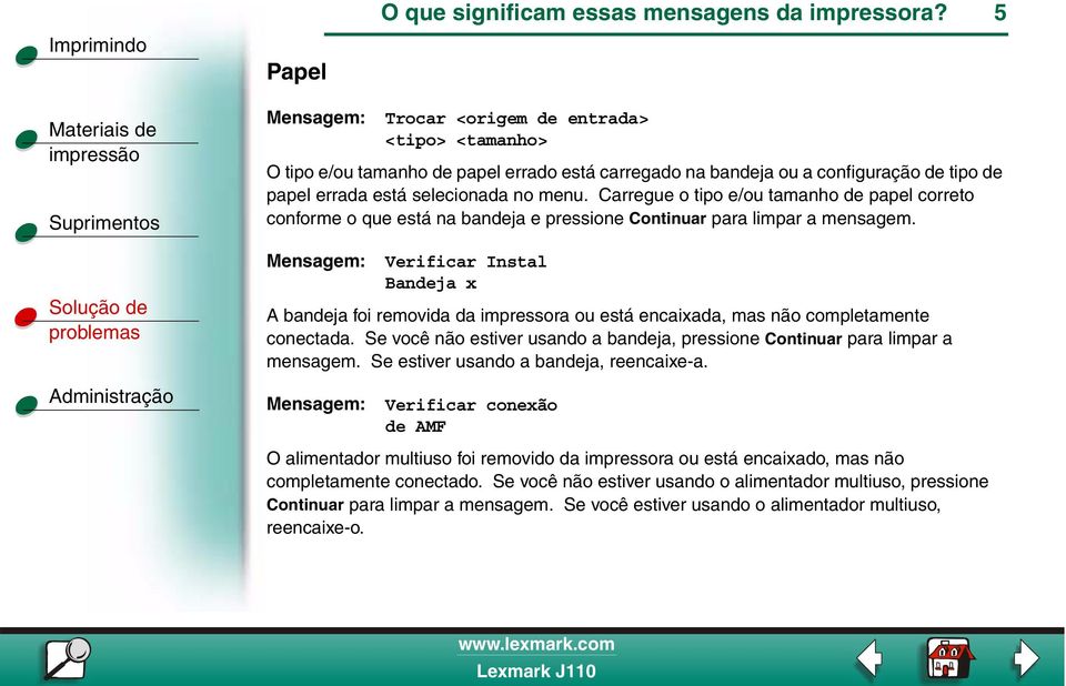 Carregue o tipo e/ou tamanho de papel correto conforme o que está na bandeja e pressione Continuar para limpar a mensagem.