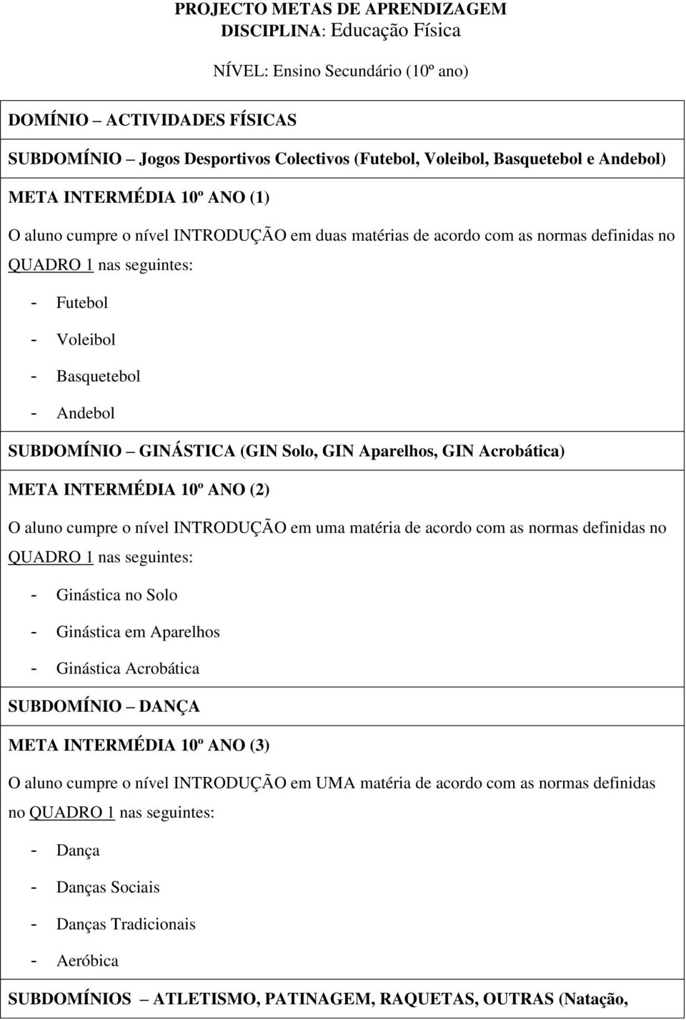 SUBDOMÍNIO GINÁSTICA (GIN Solo, GIN Aparelhos, GIN Acrobática) META INTERMÉDIA 10º ANO (2) O aluno cumpre o nível INTRODUÇÃO em uma matéria de acordo com as normas definidas no QUADRO 1 nas