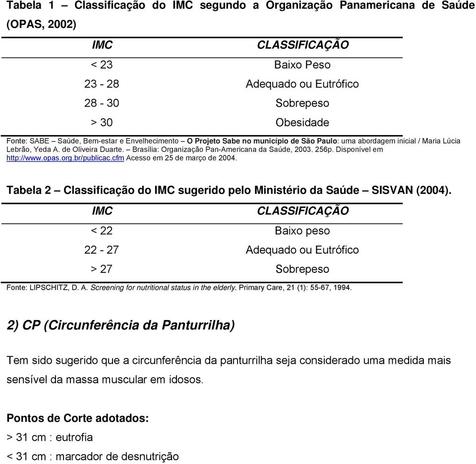 Disponível em http://www.opas.org.br/publicac.cfm Acesso em 25 de março de 2004. Tabela 2 Classificação do IMC sugerido pelo Ministério da Saúde SISVAN (2004).