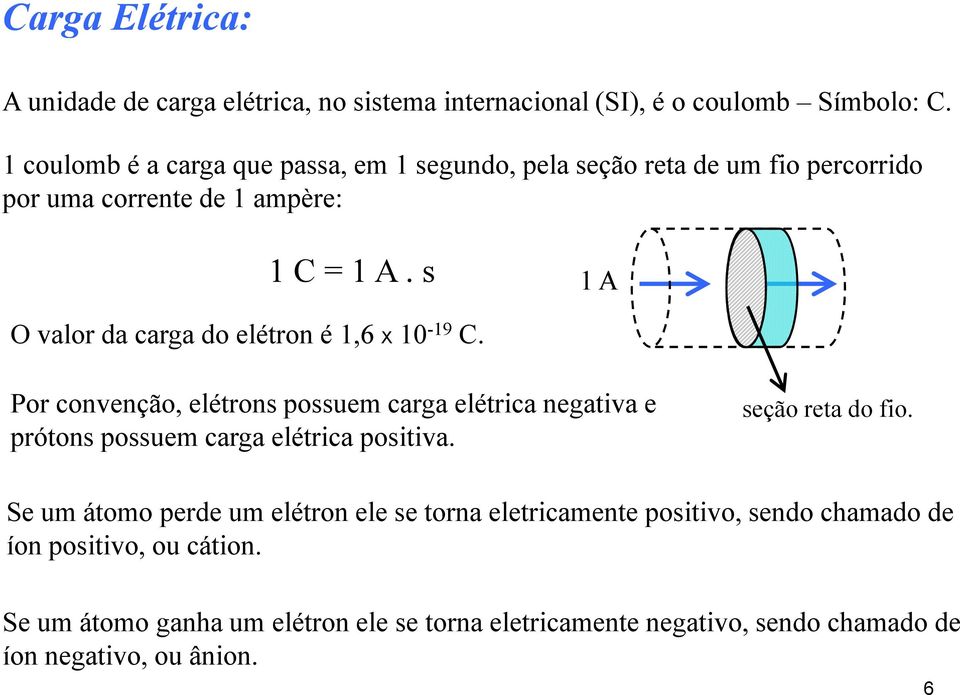 s 1 A O valor da carga do elétron é 1,6 X 10-19 C. Por convenção, elétrons possuem carga elétrca negatva e prótons possuem carga elétrca postva.