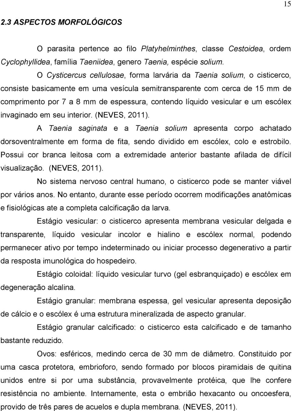 líquido vesicular e um escólex invaginado em seu interior. (NEVES, 2011).