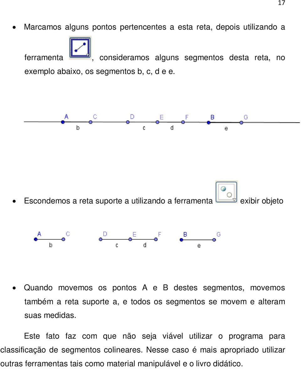 Escondemos a reta suporte a utilizando a ferramenta exibir objeto Quando movemos os pontos A e B destes segmentos, movemos também a reta suporte