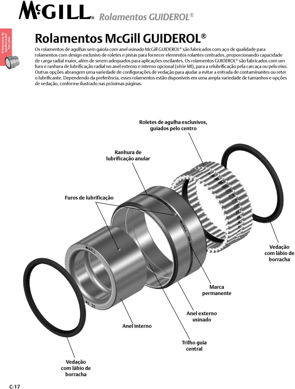 Os rolamentos GUIDEROL são fabricados com um furo e ranhura de lubrificação radial no anel externo e interno opcional (série MI), para a relubrificação pela carcaça ou pelo eixo.