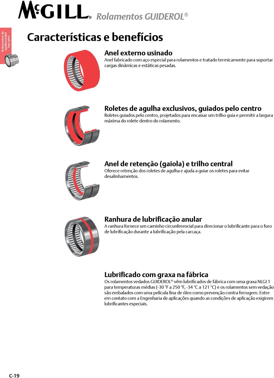 Anel de retenção (gaiola) e trilho central Oferece retenção dos roletes de agulha e ajuda a guiar os roletes para evitar desalinhamentos.