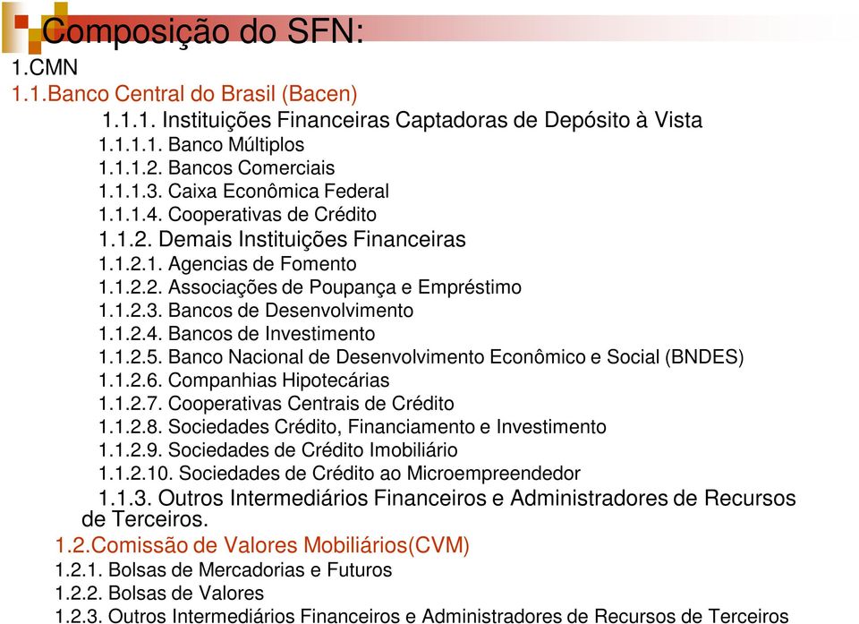 Bancos de Desenvolvimento 1.1.2.4. Bancos de Investimento 1.1.2.5. Banco Nacional de Desenvolvimento Econômico e Social (BNDES) 1.1.2.6. Companhias Hipotecárias 1.1.2.7.