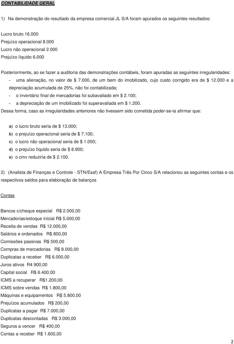 000, de um bem do imobilizado, cujo custo corrigido era de $ 12.000 e a depreciação acumulada de 25%, não foi contabilizada; - o inventário final de mercadorias foi subavaliado em $ 2.