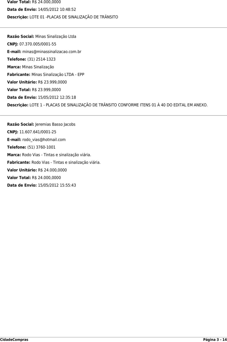 999,0000 Data de Envio: 15/05/2012 12:35:18 Descrição: LOTE 1 - PLACAS DE SINALIZAÇÃO DE TRÂNSITO CONFORME ITENS 01 À 40 DO EDITAL EM ANEXO. Razão Social: Jeremias Basso Jacobs CNPJ: 11.