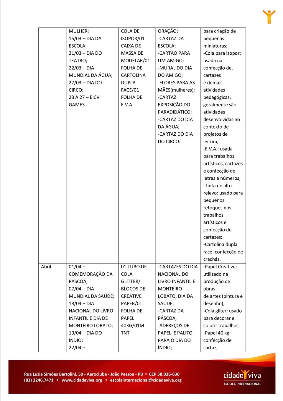 : usada para artísticos, cartazes e letras e números; -Tinta de alto relevo: usado para pequenos retoques nos artísticos e cartazes; -Cartolina dupla face: crachás.