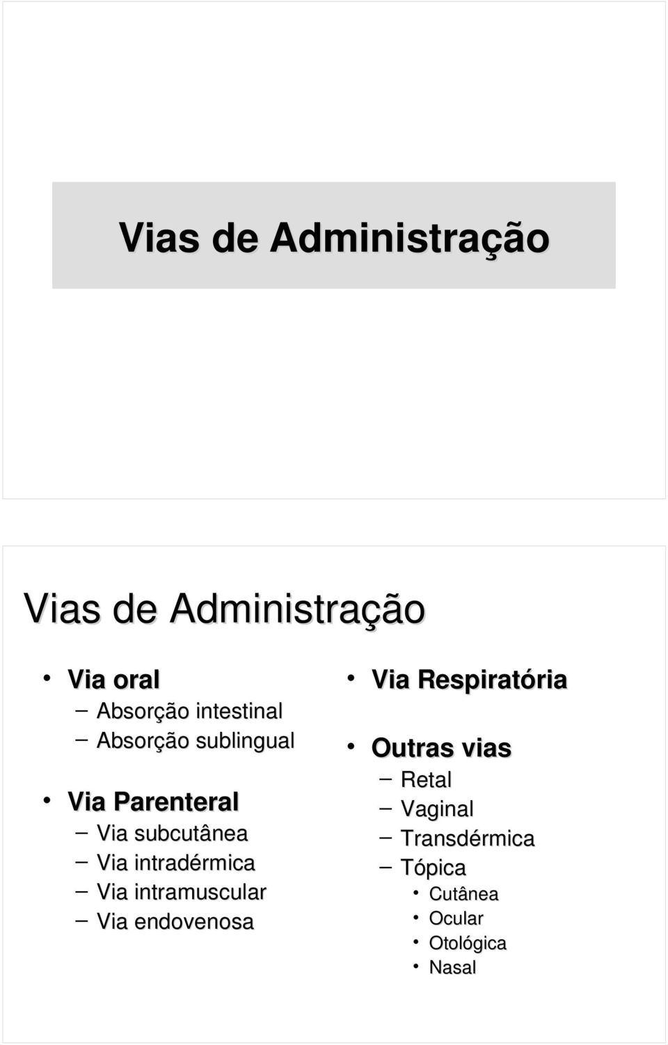 intradérmica Via intramuscular Via endovenosa Via Respiratória