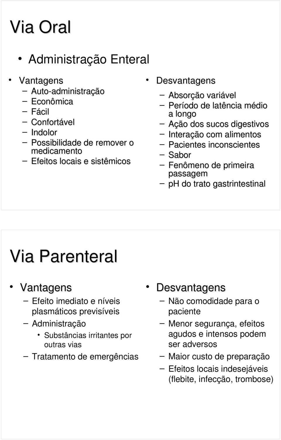 gastrintestinal Via Parenteral Vantagens Efeito imediato e níveis plasmáticos previsíveis Administração Substâncias irritantes por outras vias Tratamento de emergências