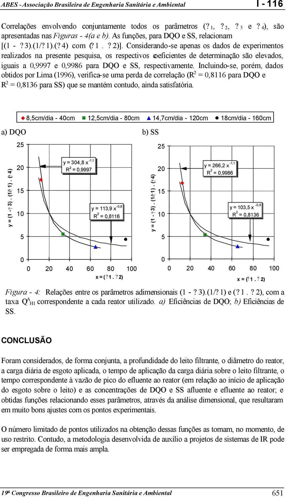 Incluindo-se, porém, dados obtidos por Lima (1996), verifica-se uma perda de correlação (R 2 =,8116 para DQO e R 2 =,8136 para SS) que se mantém contudo, ainda satisfatória.