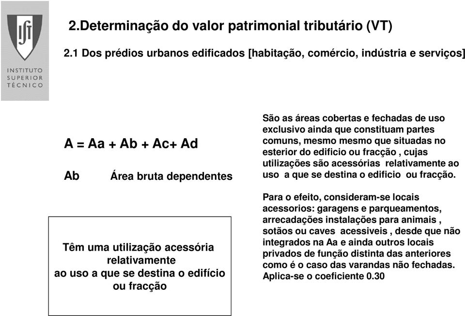 edifício ou fracção São as áreas cobertas e fechadas de uso exclusivo ainda que constituam partes comuns, mesmo mesmo que situadas no esterior do edificio ou fracção, cujas utilizações são acessórias